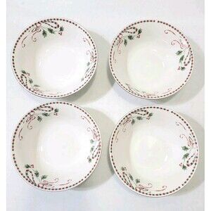 Home Essentials Tartan Ribbon Holly Gold Trim Soup Cereal Bowls 6.25"